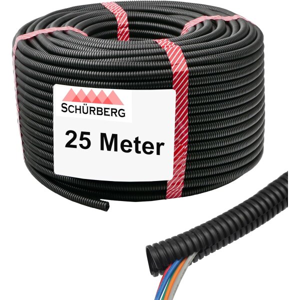 25 Meter Wellrohr geschlitzt Schutzrohr Leerrohr Ø Innen 29,5mm / Ø Aussen 34,5mm | Schwarz | UV Beständig | Bis -40 bis 105°C | schwer Entflammbar | verschiedene Größen u. Längen