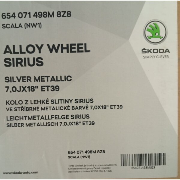 Skoda Scala Alufelge Sirius silber 7x18 ET39 (NW1) ab 2019 654071498M8Z8