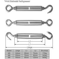 Edelstahl Drahtseil Spannschloss V4A Seilspanner Haken Öse Spanner Wantenspanner Haken / Haken  M6